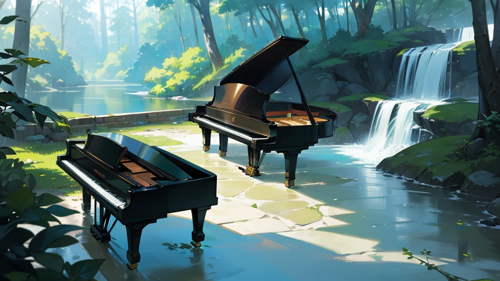 A grand piano on the bank near a stream flowing from a waterfall、White splashes are rising、In the forest of fresh greenery、A big black grand piano placed by the river、Makoto Shinkai-style anime illustrations、A rough illustration style、