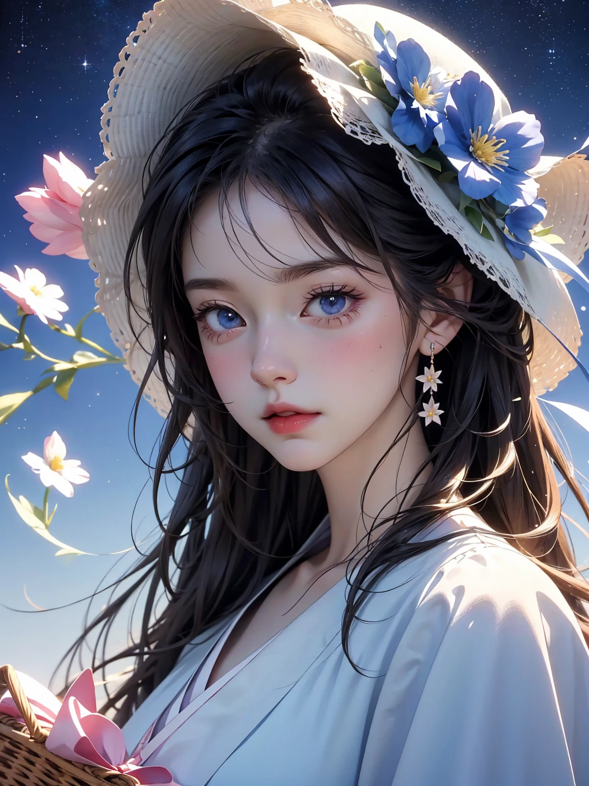 There was a girl with a basket of flowers on her head,Gorgeous and fashionable starry blue clothes， Realistic anime 3D style, Realistic animation girl render, 3D animation realistic, Anime styled 3d,  Rendering a cute 3D anime girl, Realistic animation, surreal anime, Anime realism style, Anime style. 16K