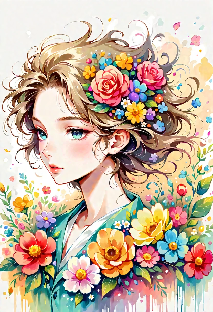 Eri Kamijo style, The most beautiful girl of all time,Lips in Love, colorful flowers, Simple Line Initialism,Abstract art,Urban Background