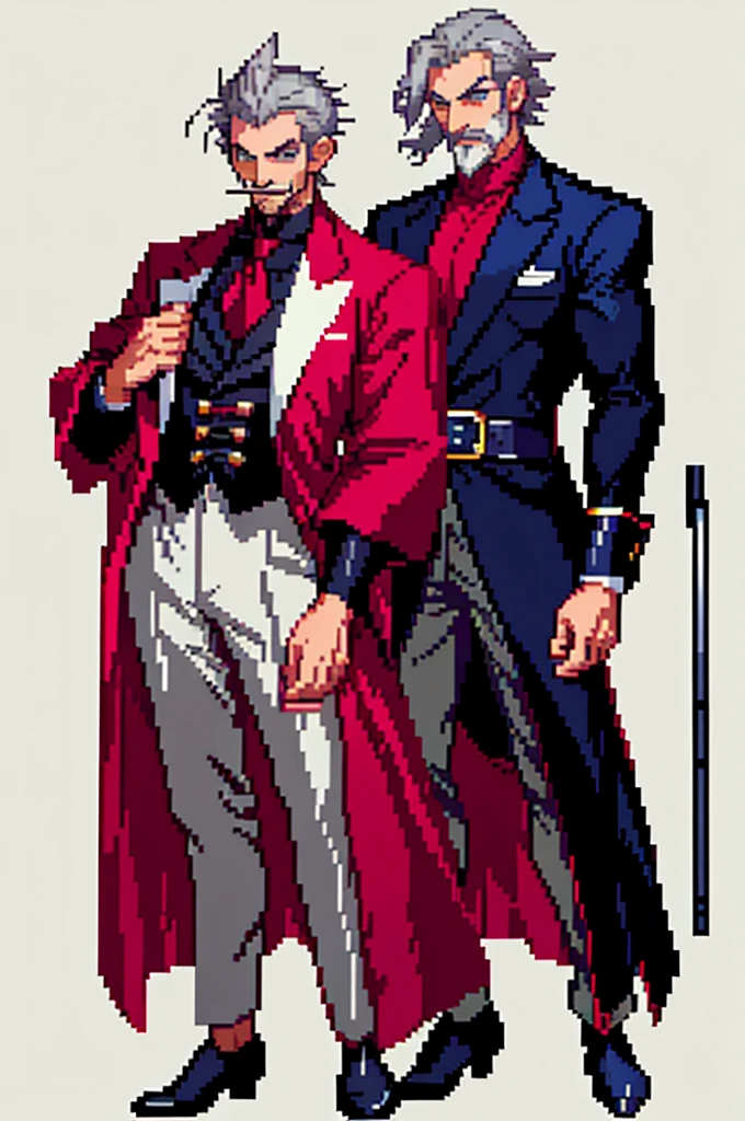 1 male, anime, noble old man, pixel art, 70 years old, psichopath, detailed wrinkles on forehead, skinny, slim face, short light grey hair, groomed backwards hairstyle, light grey mustache, crazy smile, white background, dark blue eyes , pale skin, high quality, detailed face, standing, holding cane, 8k, sadistic look, looking at camera, facing front, character design, villainous man, manhwa, arrogant, pixel art, luxurious, noble wear manhwa, sinister look, full body, dark red pallete clothes,
