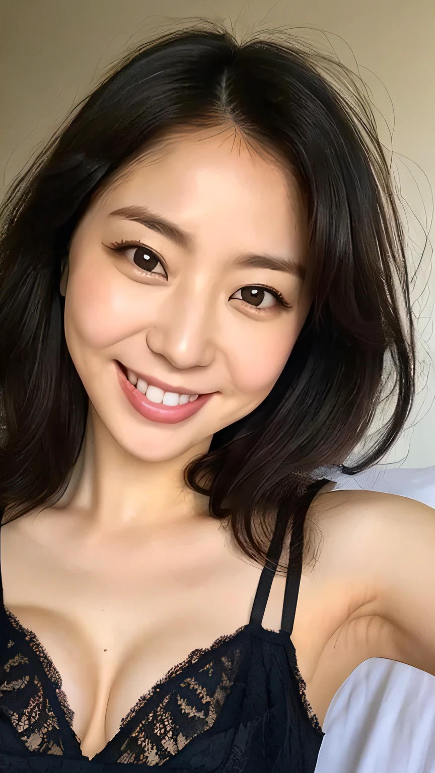 lingerie、Emphasize the chest、bed、smile、High resolution、Japanese、double eyelid、White teeth、Medium Hair、Black Hair,45 years old,E cup breasts,Big Breasts.Natural Makeup,whole body