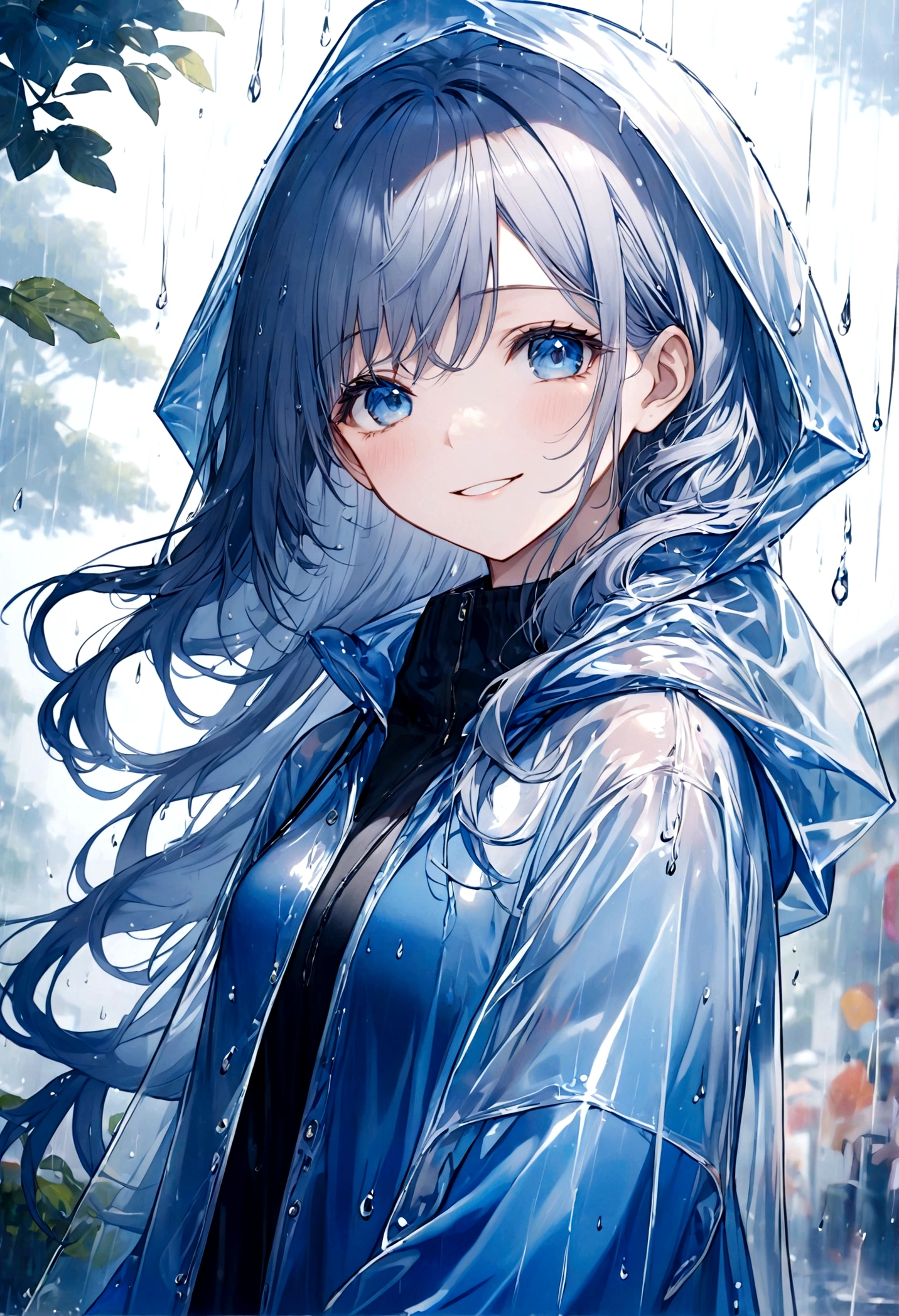 masterpiece,Ultra Detailed,Beautiful lady, hair,Long wavy hair, Sapphire blue eyes, Wear a transparent raincoat,Raincoat with hood,elegant smile, sweet smile, Relaxed expression, Fair skin, rain
