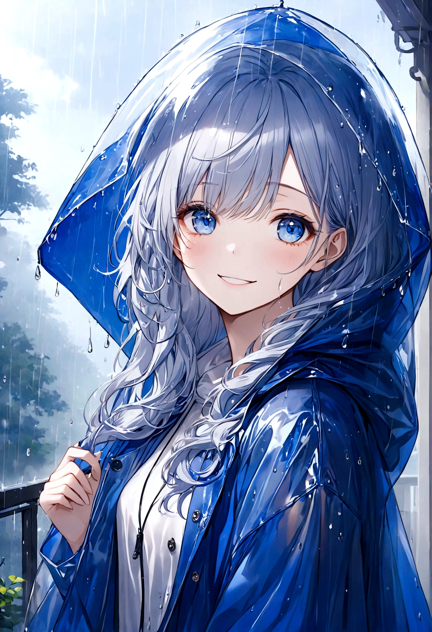 masterpiece,Ultra Detailed,Beautiful lady, hair,Long wavy hair, Sapphire blue eyes, Wear a transparent raincoat,Raincoat with hood,elegant smile, sweet smile, Relaxed expression, Fair skin, rain