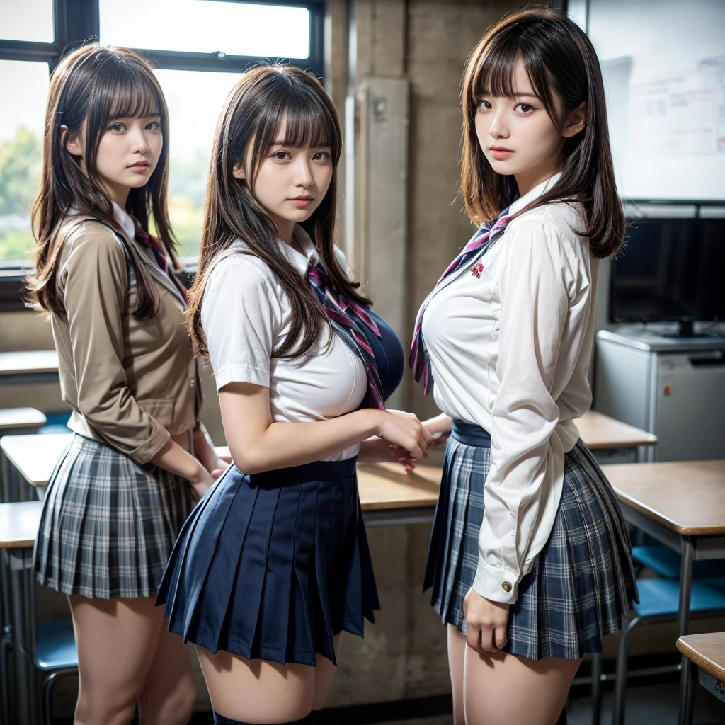 masterpiece, best quality, illustration, Super detailed, fine details, High resolution, 8K,wall paper, perfect dynamic composition,(Details High quality, realistic depiction of eyes:1.3), (2 girls, 2 schoolgirls:1.2), from side, High School Classroom、High school girl uniform、blazer 、Super Short Check Uniform Skirt、Navy blue high socks、garterbelts、Colossal tits、Disturbed uniform, short bob hair, black hair color, huge breasts, Big Natural Color Lip, bold sexy pose, (perfect body shape), crying a little、 Harajuku style、20 year old girl、 beautiful legs, hposing Gravure Idol, Voluptuous thighs