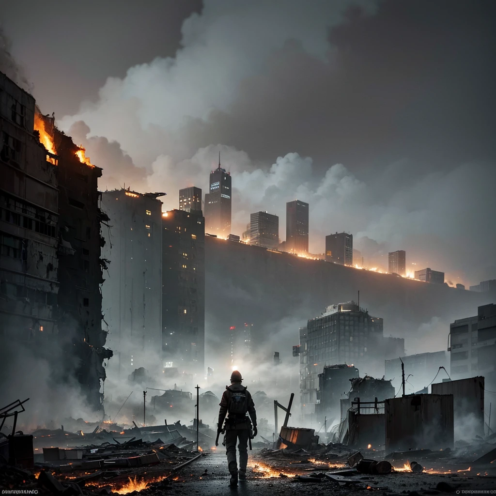 The image depicts a futuristic cityscape with a large explosion of fire in the background.. Hay un hombre de pie en lo alto de un edificio, con un rifle en la mano y con un casco. El paisaje urbano parece estar en ruinas, with collapsing buildings and rubble strewn everywhere.