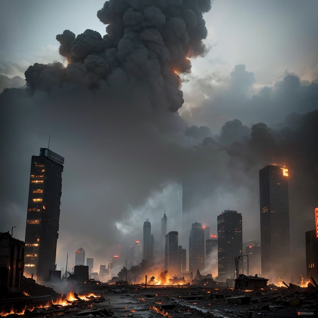 A burning and destroyed city, chaos, destruction, devastation, post-apocalyptic, dark and gritty, dystopian, cinematic, highly detailed, photorealistic, epic, dramatic lighting, volumetric fog, dynamic camera angle, debris, rubble, smoke, fire, explosions, abandoned buildings, crumbling infrastructure, desolate, hopeless, bleak, muted color palette, cool tones, cinematic composition