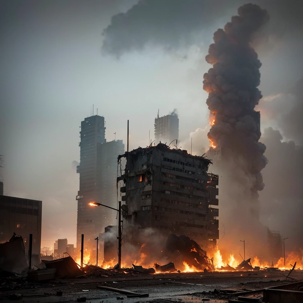A burning and destroyed city, chaos, destruction, devastation, post-apocalyptic, dark and gritty, dystopian, cinematic, highly detailed, photorealistic, epic, dramatic lighting, volumetric fog, dynamic camera angle, debris, rubble, smoke, fire, explosions, abandoned buildings, crumbling infrastructure, desolate, hopeless, bleak, muted color palette, cool tones, cinematic composition