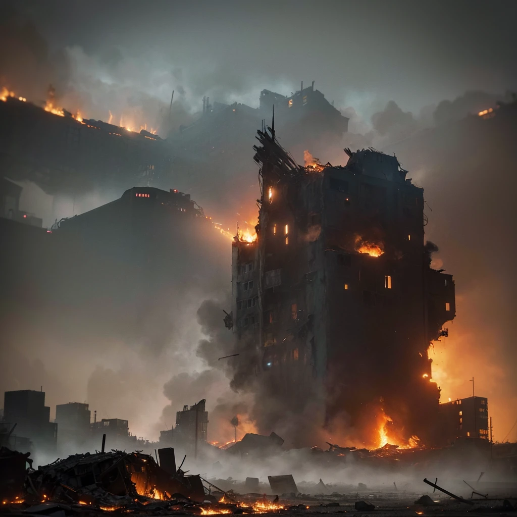 A burning and destroyed city, chaos, destruction, devastation, post-apocalyptic, dark and gritty, dystopian, cinematic, highly detailed, photorealistic, epic, dramatic lighting, volumetric fog, dynamic camera angle, debris, rubble, smoke, fire, explosions, abandoned buildings, crumbling infrastructure, desolate, hopeless, bleak, muted color palette, cool tones, cinematic composition