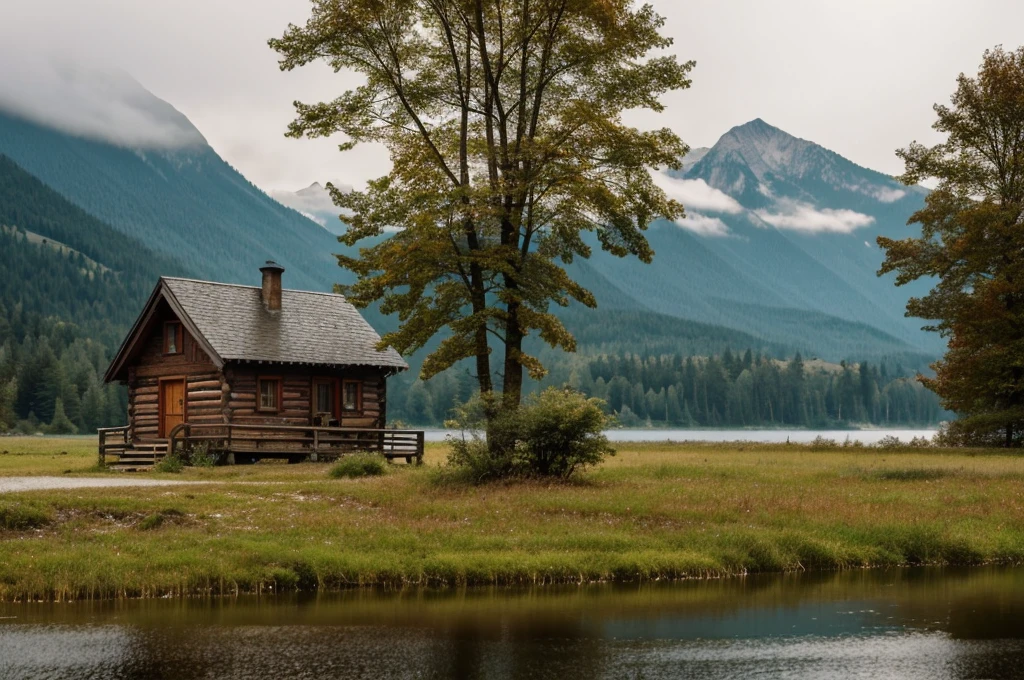 wonderfull landsape with mountains and forest, we can see a old and vintage little wood cabine close to a lake in a far. foggy, dreaming, 