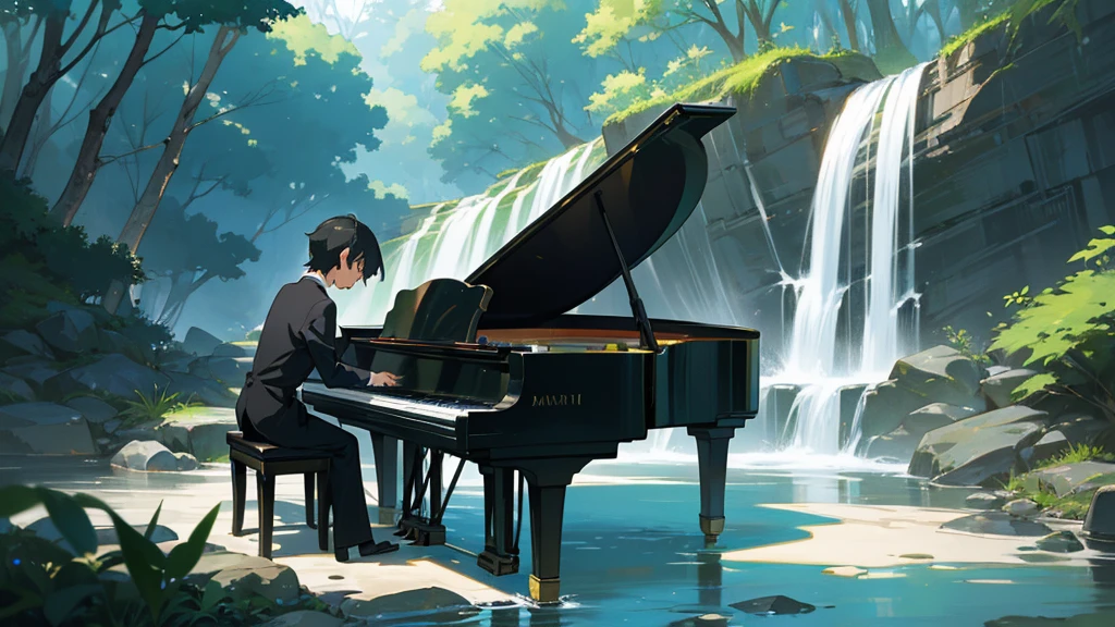 A grand piano on the bank near a stream flowing from a waterfall、White splashes are rising、In the forest of fresh greenery、A big black grand piano placed by the river、Makoto Shinkai-style anime illustrations、A rough illustration style、