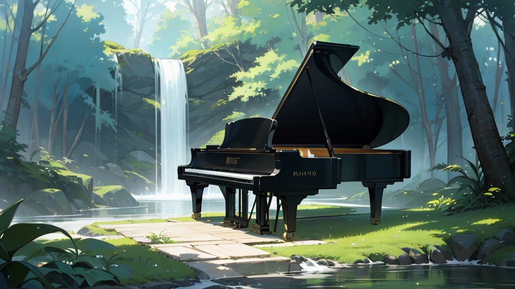A grand piano on the bank near a stream flowing from a waterfall、White splashes are rising、In the forest of fresh greenery、A big black grand piano placed by the river、Makoto Shinkai-style anime illustrations、A rough illustration style、