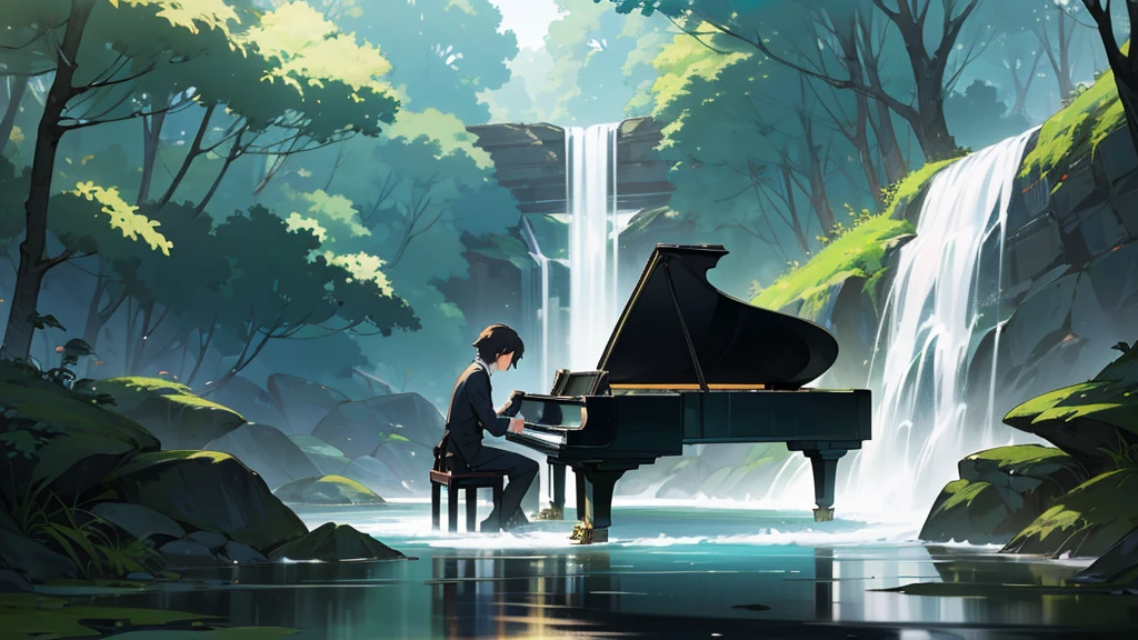 A grand piano on the bank near a stream flowing from a waterfall、White splashes are rising、In the forest of fresh greenery、A big black grand piano placed by the river、Makoto Shinkai-style anime illustrations、A rough illustration style、