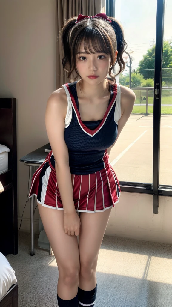 masterpiece, best quality, illustration, Super detailed, fine details, High resolution, 8K,wall paper, perfect dynamic composition,(Details High quality, realistic depiction of eyes:1.3), short hair, (wavy hair:1.2), (cheer girl:1.5),(a miniskirt), pony tail hair, huge breasts, black hair color, Big Natural Color Lip, bold sexy pose, crying a little、Harajuku style、20 year old girl、cute type、ta、beautiful legs, hotel room, full body photo、focus on crotch, hposing Gravure Idol, Sexy shot looking at camera, Sunset, by the window, Summer, knee sox, make up, Curve