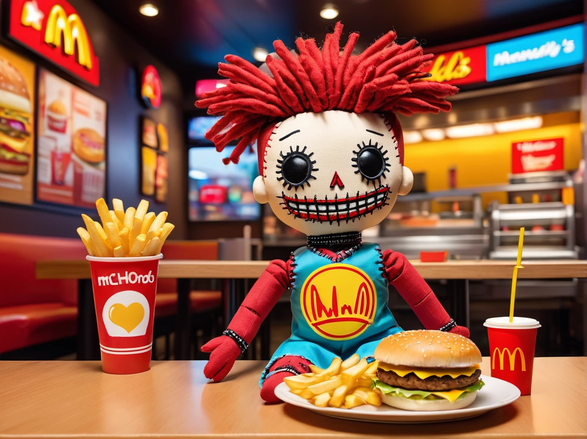(knitted toy voodoo doll:1.8), male, sitting at a table in a McDonald's restaurant, (holding a large burger with filling in her hands:1.1), in front of her is a tray with French fries and a drink, around is a fast food atmosphere with McDonald's logos, a joyful expression on her face, the background is a bright and colorful interior of the restaurant, best quality, masterpiece, soft oil painting, detailed background, dramatic cinematic lighting, soft edge lighting, professional, dramatic lighting, hard edge lighting, ultra quality, 4k, masterpiece, best quality, 8k, super high definition, high definition, extremely detailed