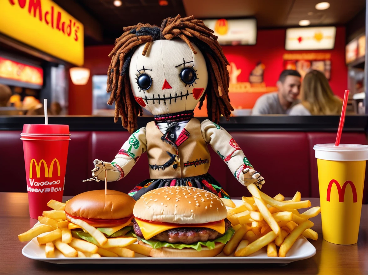 (knitted toy voodoo doll:1.8), male, sitting at a table in a McDonald's restaurant, (holding a large burger with filling in her hands:1.1), in front of her is a tray with French fries and a drink, around is a fast food atmosphere with McDonald's logos, a joyful expression on her face, the background is a bright and colorful interior of the restaurant, best quality, masterpiece, soft oil painting, detailed background, dramatic cinematic lighting, soft edge lighting, professional, dramatic lighting, hard edge lighting, ultra quality, 4k, masterpiece, best quality, 8k, super high definition, high definition, extremely detailed