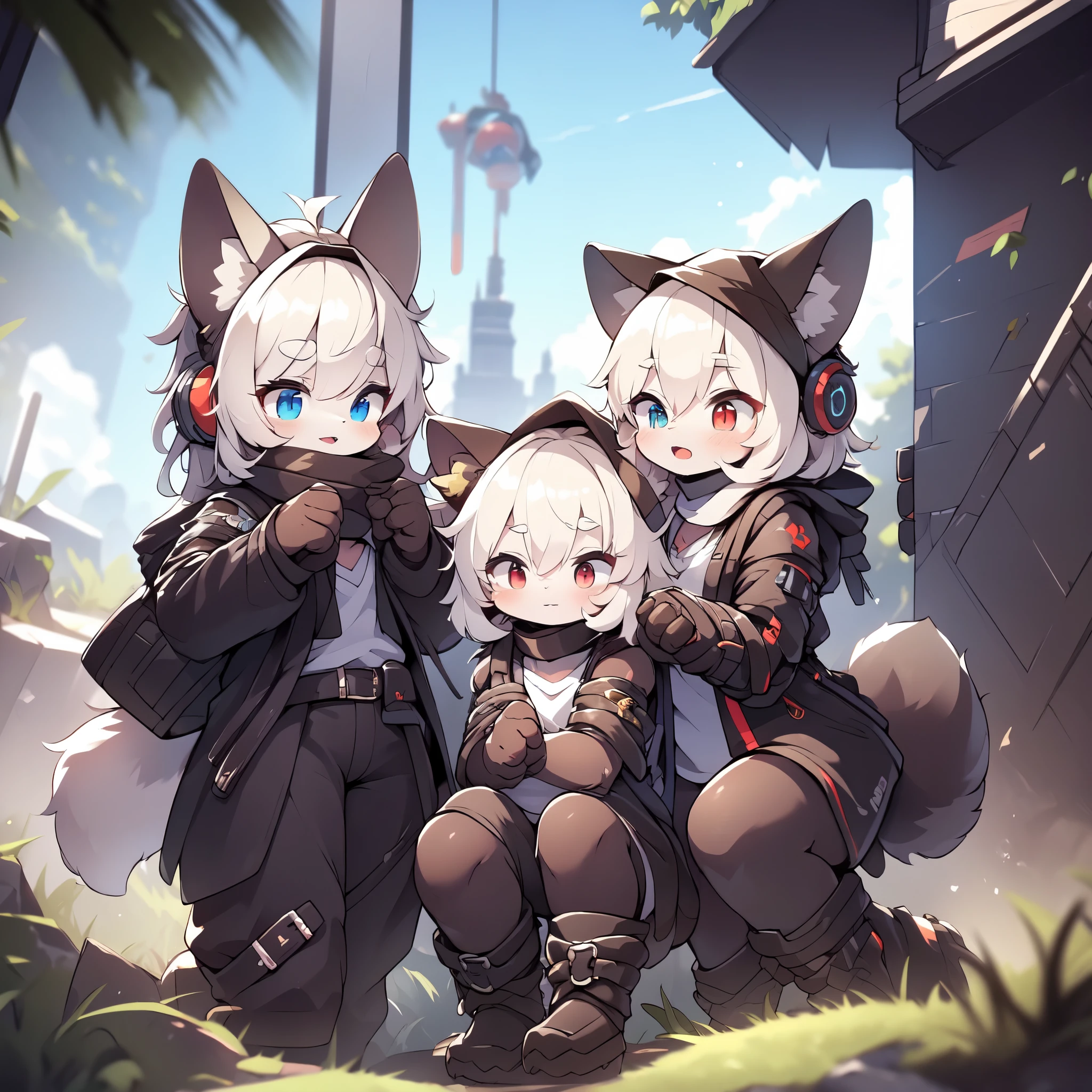 Kawaii, Striped Fluffy Fox, emaciated, long hair, 3girls, artificial synthetic skin, life support prosthetics, digital headphones, black tight latex bodysuit, white long dress, thigh-high-socks, shorts, loose off-the-shoulder hood open jacket, holsters in thigh, Mechanical boots, tactical knee pads, tactical belted loose Arm Sleeves, cybernetic Display gloves, chest rigs, tactical belts, blue archive halo, bulletproof goggles on forehead, from Ark nights, ray tracing, depth of field, bloom, masterpiece, ccurate, high details, highres