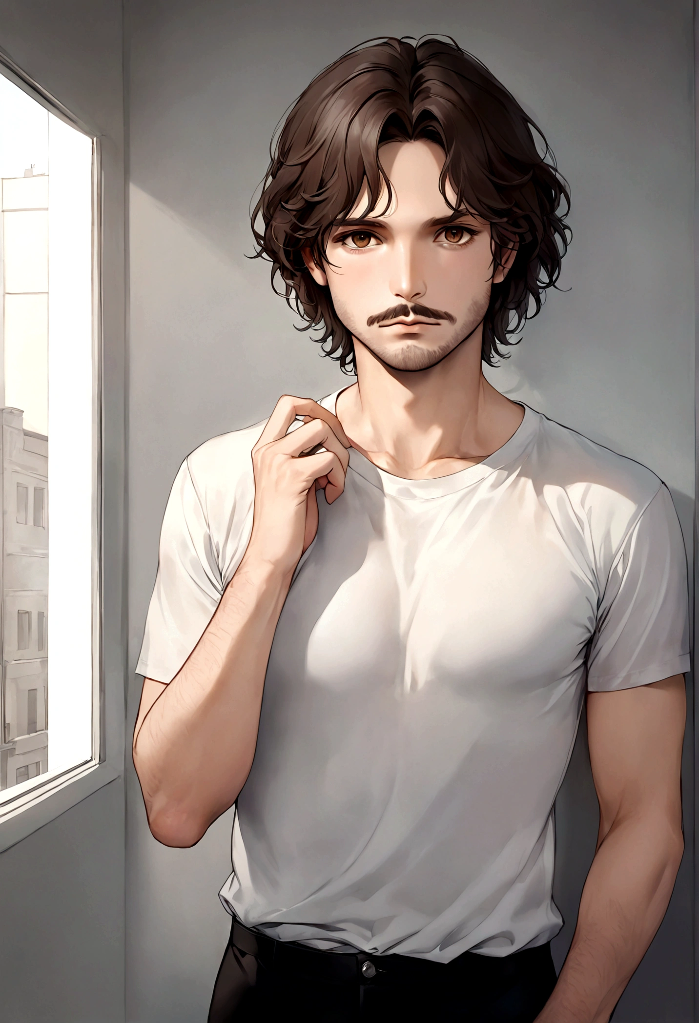 (traje de etiqueta para hombre), ), ((bigote estilo Van Dyke y (barba de chivo))), (light brown eyes), Aspecto atractivo y serio, cabello largo oscuro, messy hair, Elegante y con estilo, Camiseta de cuerpo fuerte , Un hombre similar al actor Jim Morrison, (Imagen realista y de alta calidad), Apartamento escandinavo en el fondo simple de un cuarto, ((La mejor calidad, 8K, obra maestra).((pose dinamica))