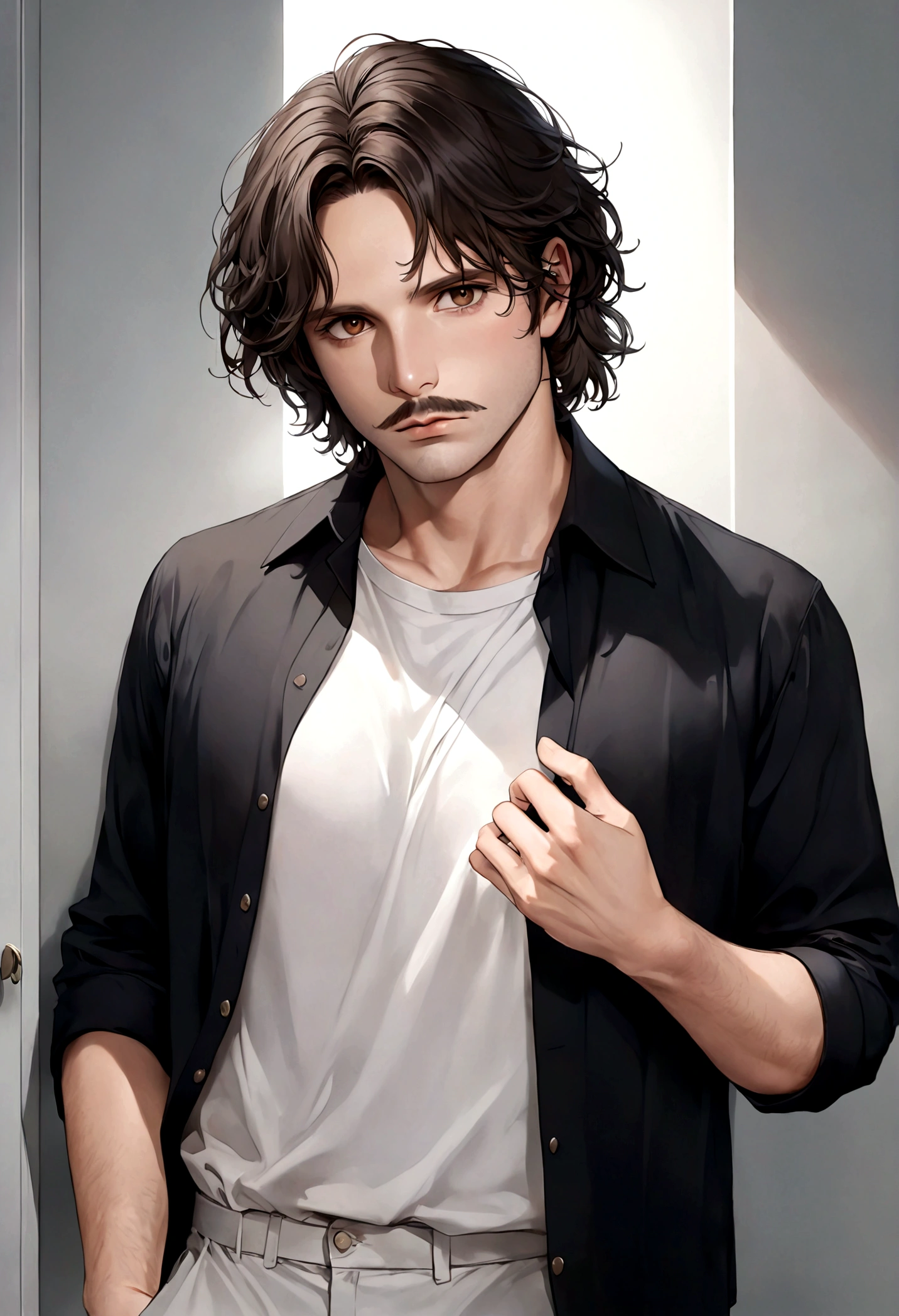 (traje de etiqueta para hombre), ), ((bigote estilo Van Dyke y (barba de chivo))), (light brown eyes), Aspecto atractivo y serio, cabello largo oscuro, messy hair, Elegante y con estilo, Camiseta de cuerpo fuerte , Un hombre similar al actor Jim Morrison, (Imagen realista y de alta calidad), Apartamento escandinavo en el fondo simple de un cuarto, ((La mejor calidad, 8K, obra maestra).((pose dinamica))