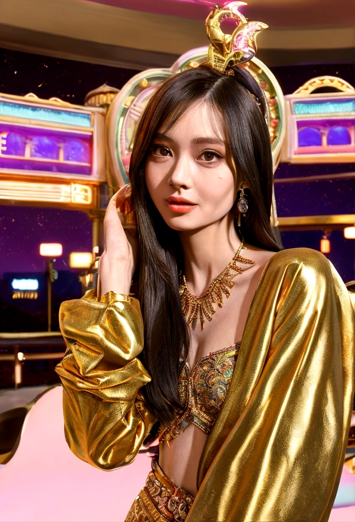 (Best quality, Ultra detailed, Golden ratio, Masterpiece:1.2), Theatrical lighting:0.7, Photo of a woman, Perfect rare face, (Highly detailed skin), randomly dyed hair,Ridicule, skin texture, Pale skin, shiny skin, (thin, large size:1.2), [:(Sharp focus on rare face, perfect eyes:1.2):0.2], photorealistic, film grain,summer haze, muted colors, muted warm colors, cinematic, (tilted:1.3),key light, backlight, soft natural lighting, photography Film grain ISO 400 30 mm lens RAW f1.8 aperture, highly detailed (analog photography:1), ((best quality)), ((masterpiece)), (detailed), A middle-aged woman, full body, cute asian face,A vibrant, bustling casino with colorful lights and cheerful people. Lily, dressed in a casual yet stylish outfit, looks around in awe as she enters the casino.