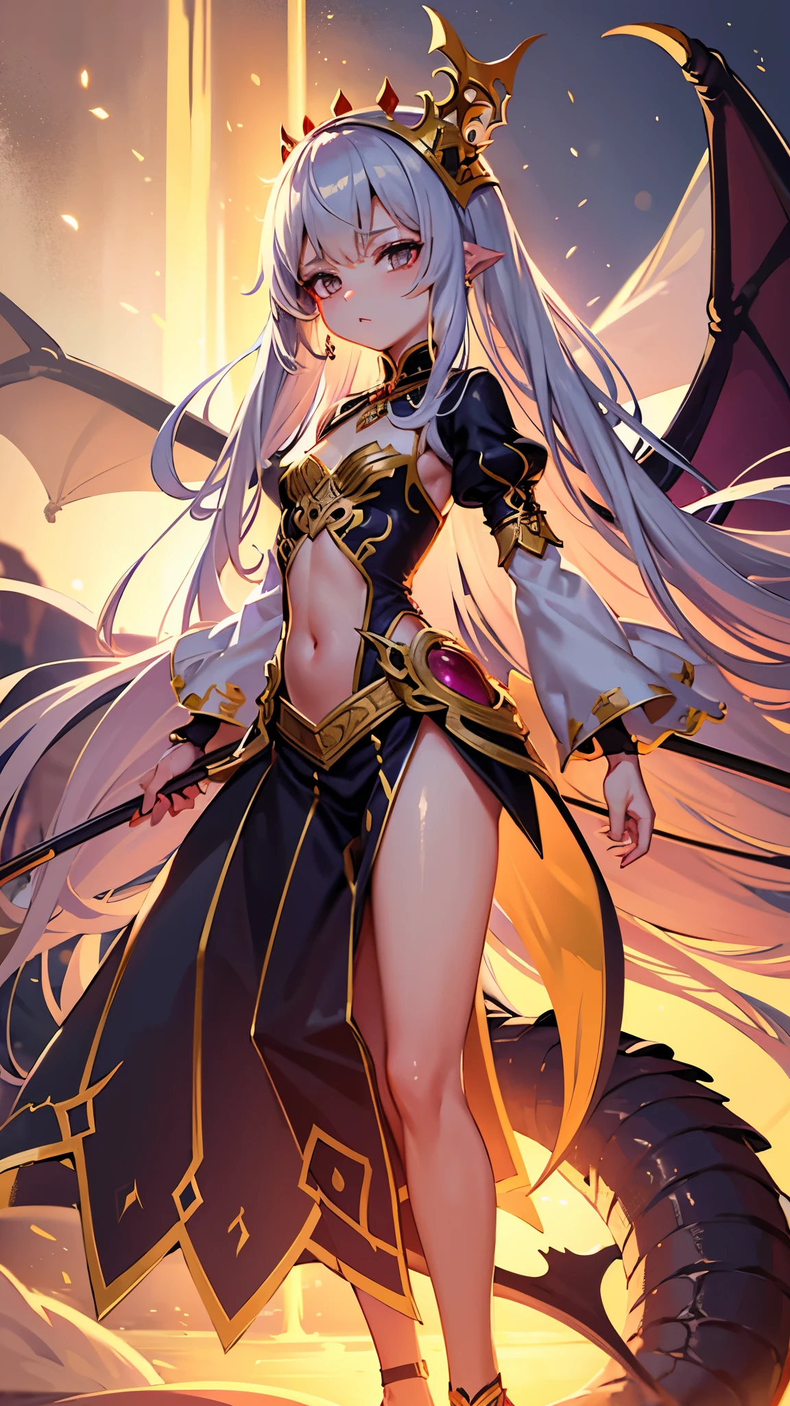 Loli Dragon Girl Small Graceful Clothes Fantasy Queen, little, Full Height Fantasy, elegant, Harsh, cold, dragon, Full length, lace, , loli, Queen, rich, a lot of jewelry, Crown, Gold, Dynamic, excellent quality 