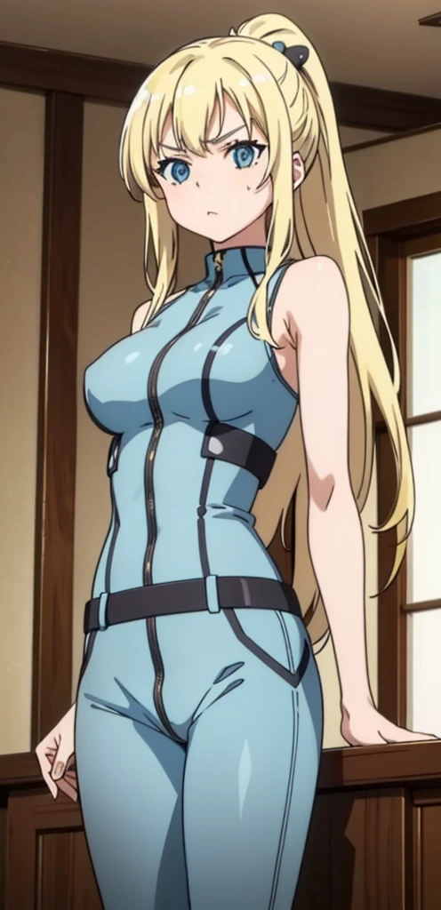 Seina Kashiwazaki, 1girl in, a blond, ponytail, hair ornament, (medium breast), bodysuit, (cowboy_shot), indoors, sleeveless.