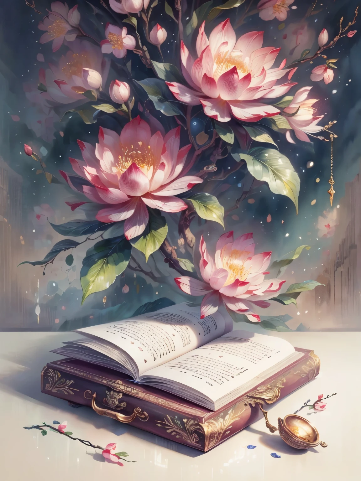 1 plum blossom, vintage botanical illustration, highly detailed, ultra-detailed, masterpiece, best quality, 4k, 8k, photorealistic, dramatic lighting, intricate, lush, ornate, victorian, antique, old book, encyclopedia, botanical, scientific illustration