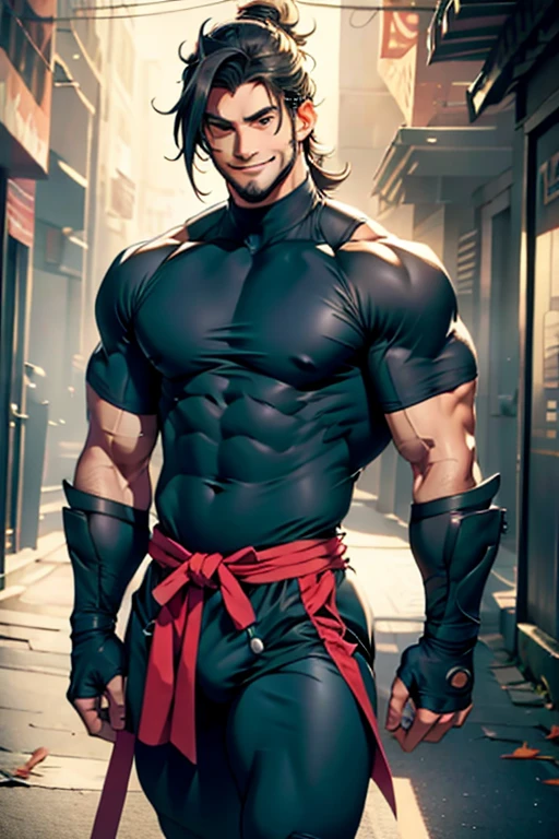 Man, athletic body, hairy, muscular, tights, buttonless shirt, smile