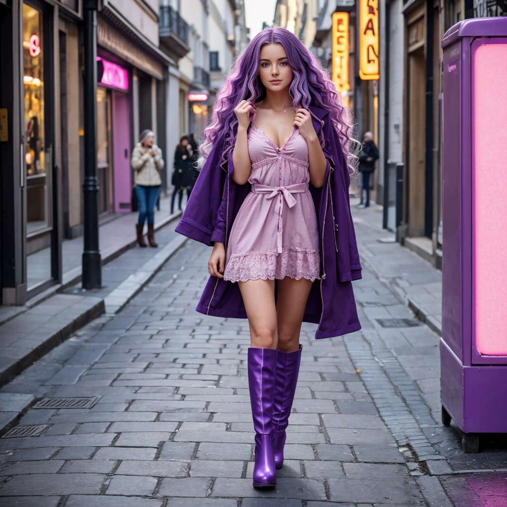 4K, very realistic ultra detailed. A young woman with long wavy, neon purple hair reaching to her chest. Elle a les yeux marrons, elle porte une robe verte pastel et des bottes montantes rose pastel. Elle est dans la rue joyeux. Il y a du monde dans la rue et il fait très beau temps.