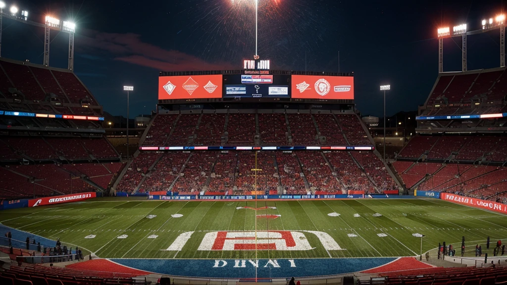 Use a dynamic and vibrant background with a combination of red and blue highlights on a football field . This can create a visually striking and energetic atmosphere. Incorporate abstract patterns or gradients to add depth and visual interest to the poster. Add football-related graphics, such as balls, goalposts, or stadium silhouettes, to enhance the overall theme of the poster. (don't include letters and person)