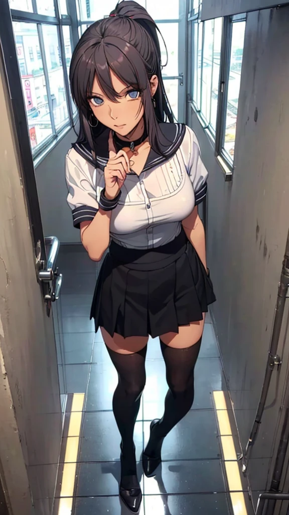 (((highest quality, High resolution, , Pixel Perfect, 4K))),((Correct Anatomy))、((Sailor suit))、(((School stairs))), ((背後からLow - Angle)),((highest quality)), ((Complex and detailed)), ((Black knee-high socks)), ((Mini Pleated Skirt))、An absurd solution, Mature Woman, Mature Woman, perspective, Very detailed,(((Full Body Shot)))、Great style、(Long Hair)、glamorous、Beautiful legs、mini skirt、black tights、(((The whole body is visible))), One Woman, ((ponytail)), Perfect hands, Detailed fingers, Beautiful details, Black choker, Earrings, Black Stockings, Perfect Eyes, Seductive eyes,(Low - Angle)