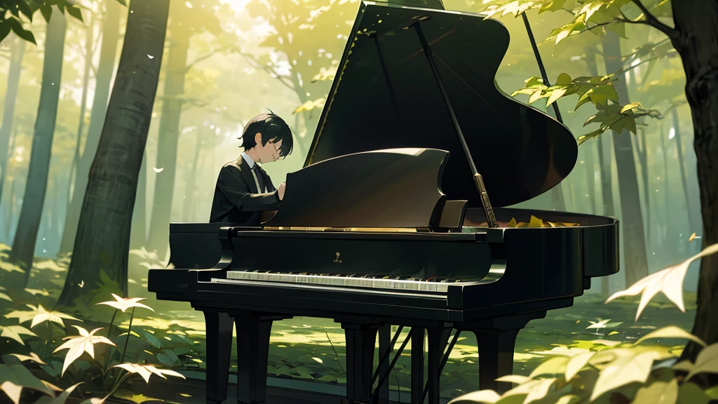 A grand piano placed in a forest of green autumn leaves with sunlight filtering through the trees、The soft sunlight filtering through the trees makes it sparkle.、One grand piano、There is no one、新海誠風のAn illustrationタッチで、粗いanime風に、anime、An illustration、Green fallen leaves、Black Grand Piano、The only grand piano、Green leaves are falling、Early summer forest