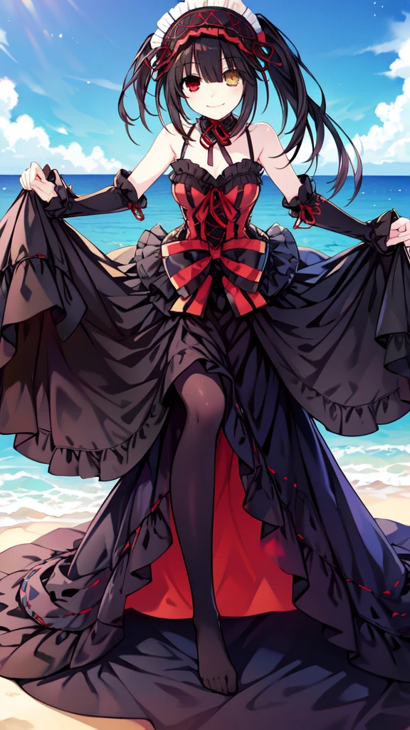 a masterpiece, best quality, 8k, photorealistic, 1 girl, beach, reaching forward, long black twin tails, (golden eyes:1.2), heterochromia, (red eyes:1.2), Kurumi Tokisaki, smiling, gothic lolita accessories, Victorian maid headdress, black ribbon, maid outfit，Sitting posture, （Lift the soles of your feet）（Black silk pantyhose）