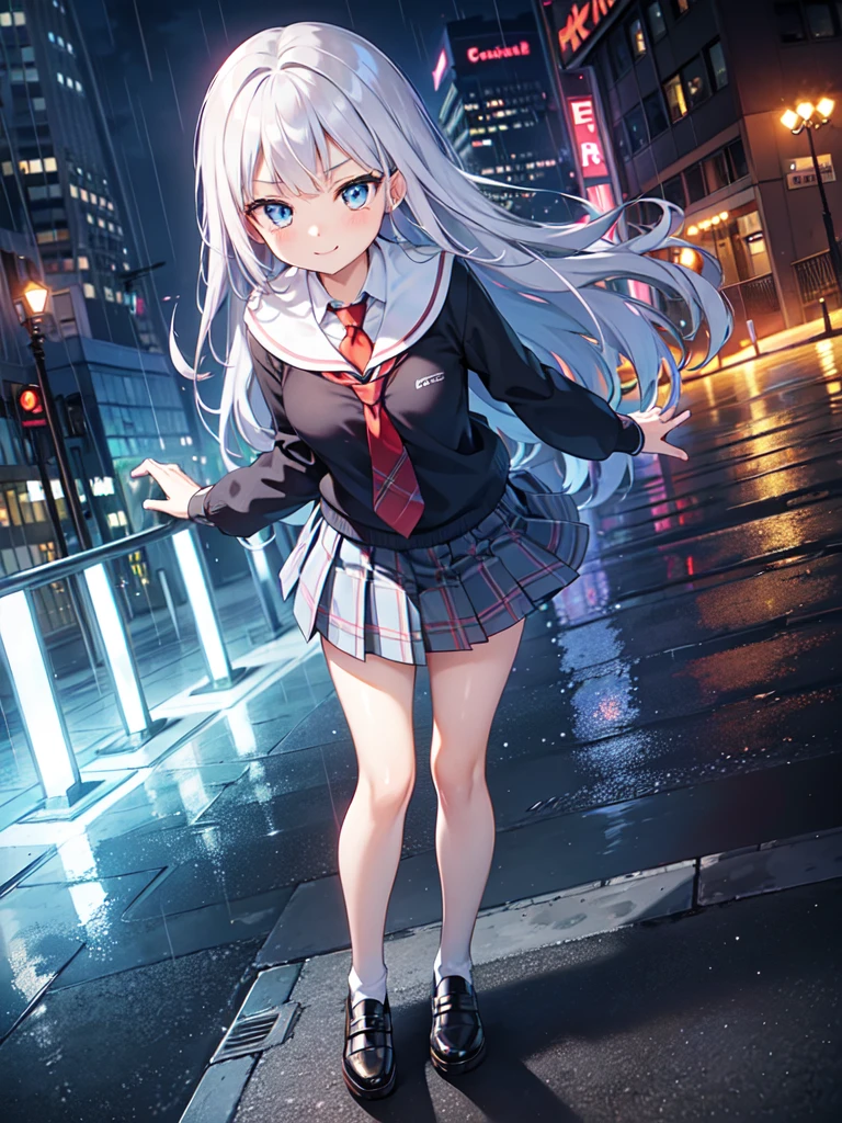 (RAW Photos, Best Quality), (animesque: 1.2), (Round face: 1), 1 girl, Full body shot, (low angles:1.2), (High Detail Skin: 1.2), (Puffy eyes), Smile, clavicle, Pretty face, Beautiful eyes, long eyelashes, Silver hair straight, ((Blue checked pleated skirt, red necktie)), (private school uniform), Soft lighting, High quality, a park, midnight, Rain, Wet, Professional Lighting, Photon mapping, Radio City, Physically Based Rendering,