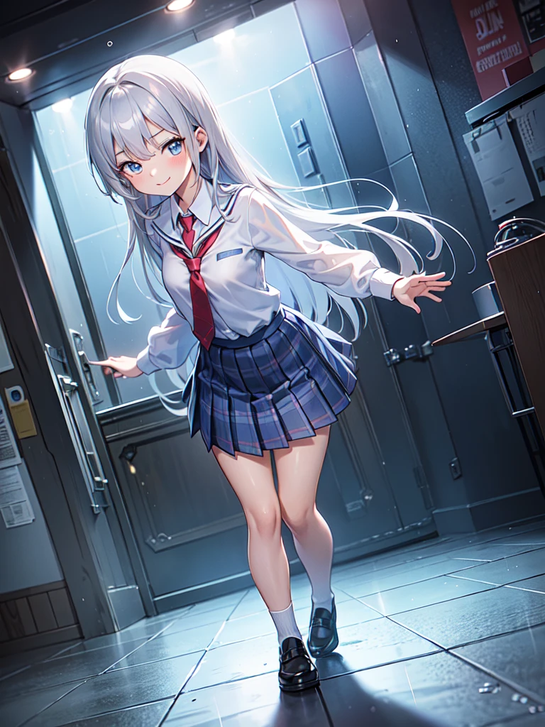 (RAW Photos, Best Quality), (animesque: 1.2), (Round face: 1), 1 girl, Full body shot, (low angles:1.2), (High Detail Skin: 1.2), (Puffy eyes), Smile, clavicle, Pretty face, Beautiful eyes, long eyelashes, Silver hair straight, ((Blue checked pleated skirt, red necktie)), (private school uniform), Soft lighting, High quality, a park, midnight, Rain, Wet, Professional Lighting, Photon mapping, Radio City, Physically Based Rendering,