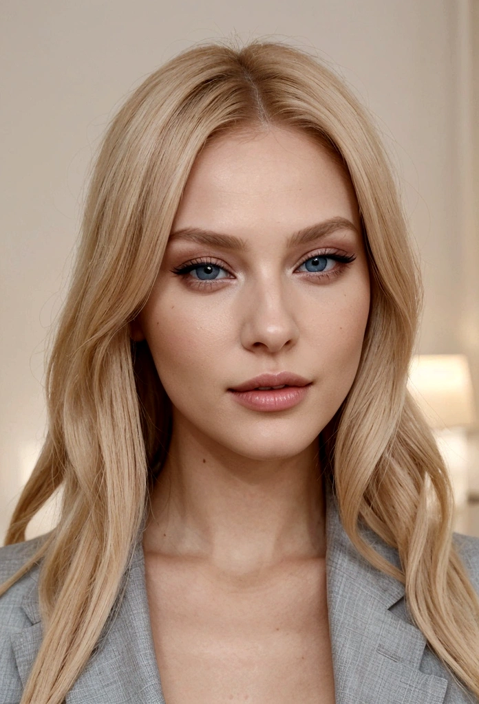 Create an image of Bella Blaze, a stylish and gorgeous blonde model embodies the essence of a model and Instagram influencer, always showcasing her best features with grace and style. Her chic and sophisticated outfits highlight her natural beauty and elegance, making her a captivating presence on any platform. Blue eyes , beauttiful face and good and most important absoutely real