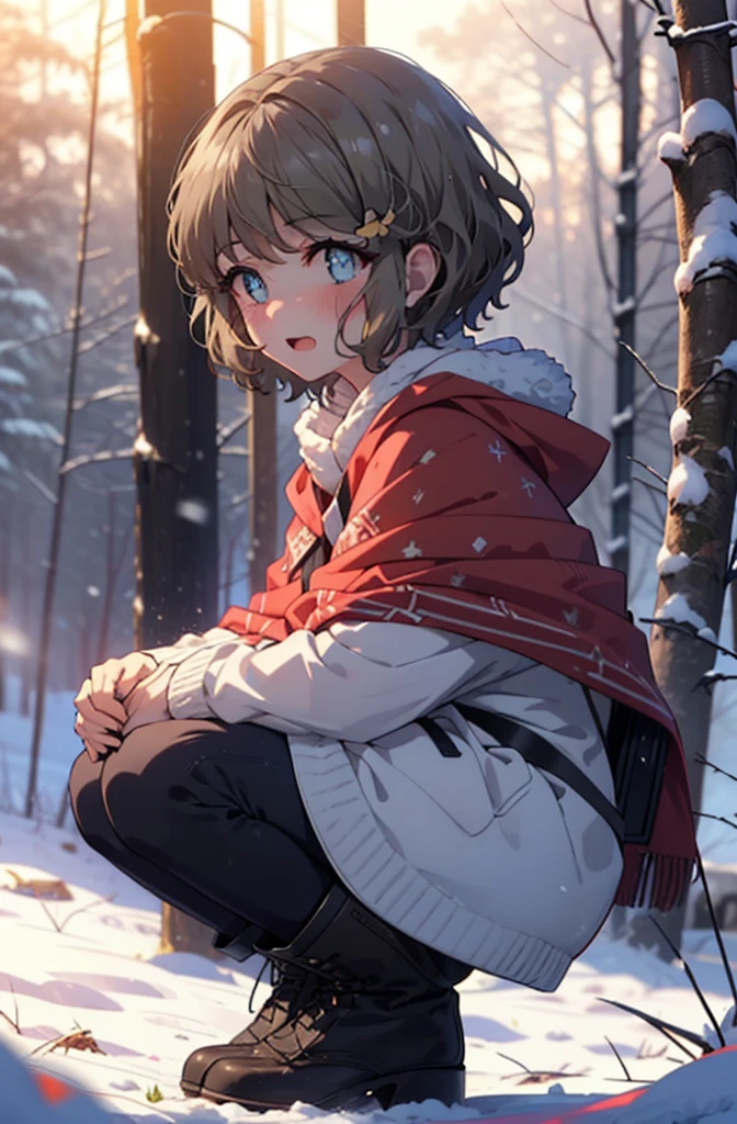 tomoekoga, Chie Koga, short hair, Brown Hair, blue eyes, hair band,smile,blush,White Breath,Mid-chest,
Open your mouth,snow,Ground bonfire, Outdoor, boots, snowing, From the side, wood, suitcase, Cape, Blurred, having meal, forest, White handbag, nature, Squat, Mouth closed, Cape, winter, Written boundary depth, Black shoes, red Cape break looking at viewer, Upper Body, whole body, break Outdoor, forest, nature, break (masterpiece:1.2), highest quality, High resolution, unity 8k wallpaper, (shape:0.8), (Beautiful and beautiful eyes:1.6), Highly detailed face, Perfect lighting, Highly detailed CG, (Perfect hands, Perfect Anatomy),