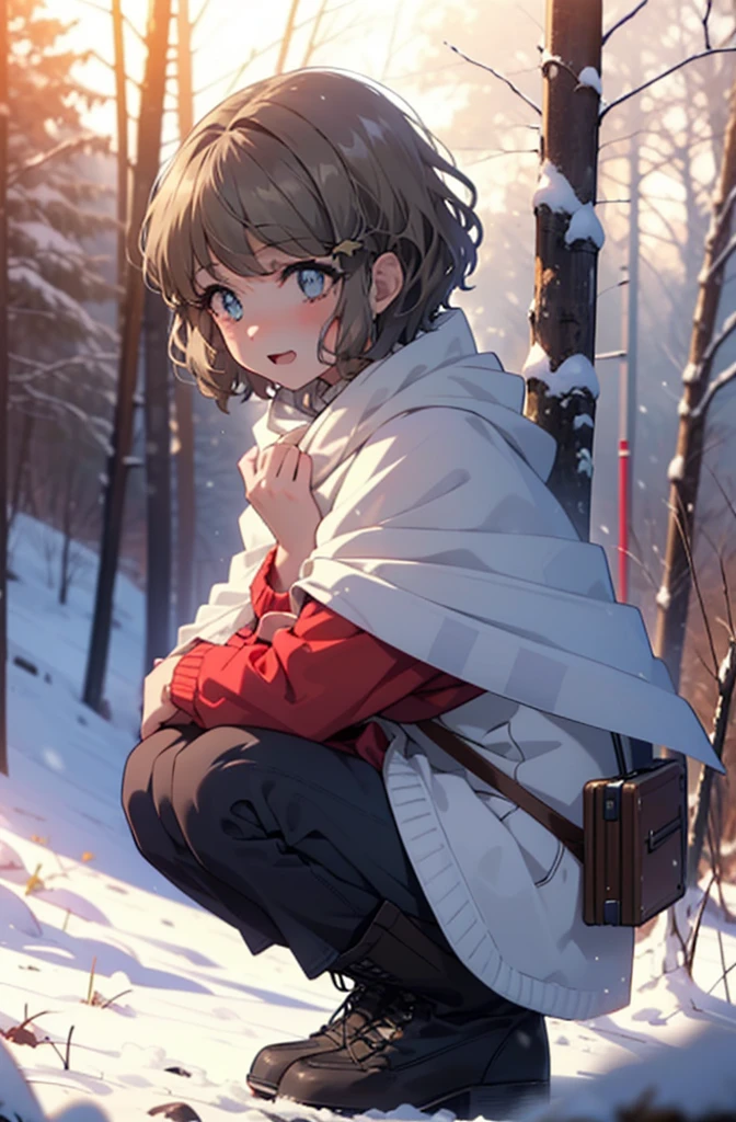 tomoekoga, Chie Koga, short hair, Brown Hair, blue eyes, hair band,smile,blush,White Breath,Mid-chest,
Open your mouth,snow,Ground bonfire, Outdoor, boots, snowing, From the side, wood, suitcase, Cape, Blurred, having meal, forest, White handbag, nature,  Squat, Mouth closed, Cape, winter, Written boundary depth, Black shoes, red Cape break looking at viewer, Upper Body, whole body, break Outdoor, forest, nature, break (masterpiece:1.2), highest quality, High resolution, unity 8k wallpaper, (shape:0.8), (Beautiful and beautiful eyes:1.6), Highly detailed face, Perfect lighting, Highly detailed CG, (Perfect hands, Perfect Anatomy),