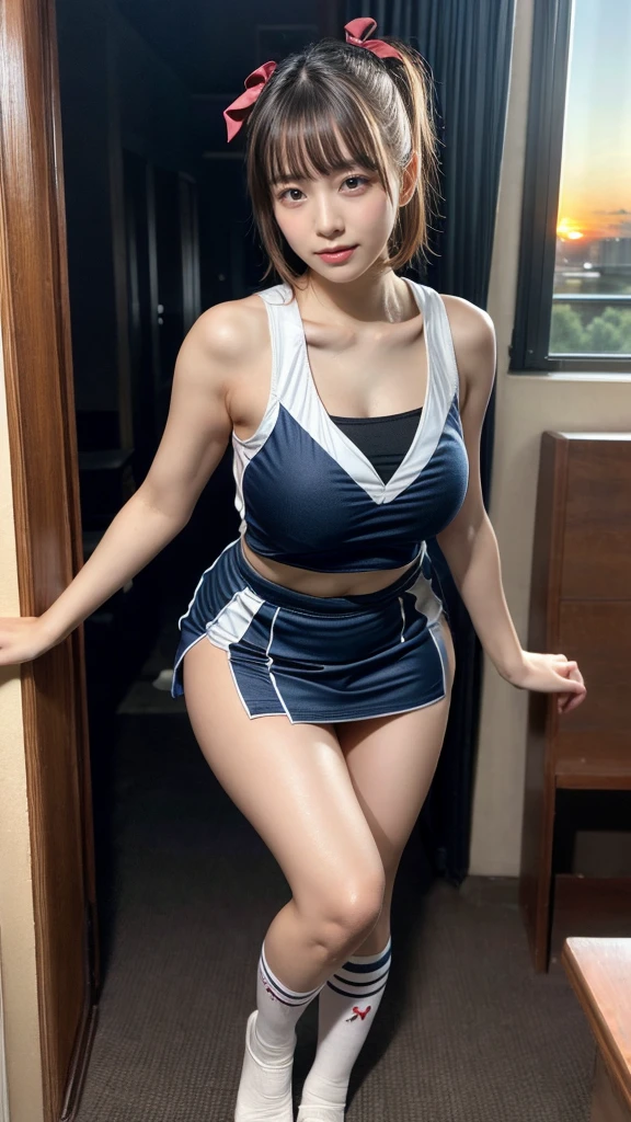 masterpiece, best quality, illustration, Super detailed, fine details, High resolution, 8K,wall paper, perfect dynamic composition,(Details High quality, realistic depiction of eyes:1.3), short hair, (wavy hair:1.2), (cheer girl:1.5),(a miniskirt), pony tail hair, huge breasts, black hair color, Big Natural Color Lip, bold sexy pose, crying a little、Harajuku style、20 year old girl、cute type、lolita、beautiful legs, hotel room, full body photo、focus on crotch, hposing Gravure Idol, Sexy shot looking at camera, Sunset, by the window, Summer, knee sox, make up, Curve