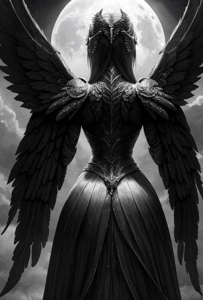 a model shot (taken from the back: 1.5), 16K, ultra detailed, masterpiece, best quality, (extremely detailed), arafed, dnd art, portrait, full body, aasimar, female, (Masterpiece 1.3, intense details), female, paladin, holy warrior, spread large feathered wings, (wings sprouting from the back: 1.3), majestic wings, white angelic wings spread (Masterpiece, intense details: 1.5), moon light, moon, stars, clouds, holy symbol, armed with sword, short blond hair, dark fantasy cemetery background, anatomically correct (Masterpiece 1.3, intense details), angel_wings, determined face, god rays, cinematic lighting, glowing light, silhouette, from outside, photorealism, panoramic view (Masterpiece 1.3, intense details) , Wide-Angle, Ultra-Wide Angle, 16k, highres, best quality, high details, armored dress