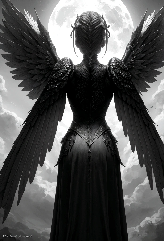 a model shot (taken from the back: 1.5), 16K, ultra detailed, masterpiece, best quality, (extremely detailed), arafed, dnd art, portrait, full body, aasimar, female, (Masterpiece 1.3, intense details), female, paladin, holy warrior, spread large feathered wings, (wings sprouting from the back: 1.3), majestic wings, white angelic wings spread (Masterpiece, intense details: 1.5), moon light, moon, stars, clouds, holy symbol, armed with sword, short blond hair, dark fantasy cemetery background, anatomically correct (Masterpiece 1.3, intense details), angel_wings, determined face, god rays, cinematic lighting, glowing light, silhouette, from outside, photorealism, panoramic view (Masterpiece 1.3, intense details) , Wide-Angle, Ultra-Wide Angle, 16k, highres, best quality, high details, armored dress