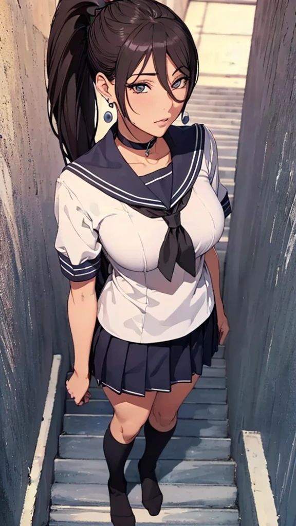 (((highest quality, High resolution, , Pixel Perfect, 4K))),((Correct Anatomy))、((Sailor suit))、(((School stairs))), ((背後からLow - Angle)),((highest quality)), ((Complex and detailed)), ((Black knee-high socks)), ((Mini Pleated Skirt))、An absurd solution, Mature Woman, Mature Woman, perspective, Very detailed,(((Full Body Shot)))、Great style、(Long Hair)、glamorous、Beautiful legini skirt、black tights、(((The whole body is visible))), One Woman, ((ponytail)), Perfect hands, Detailed fingers, Beautiful details,  Black choker, Earrings, Black Stockings, Perfect Eyes, Seductive eyes,(Low - Angle)