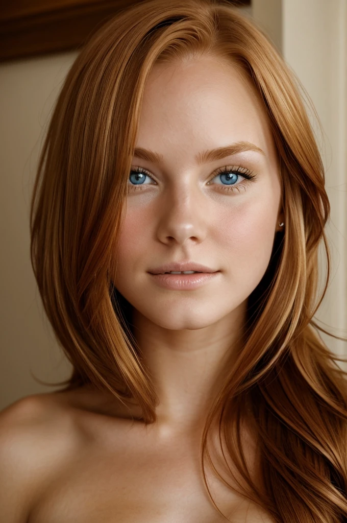 An american 23 year girl red, blond, hair beautiful, fair, smooth face, complete nude, 