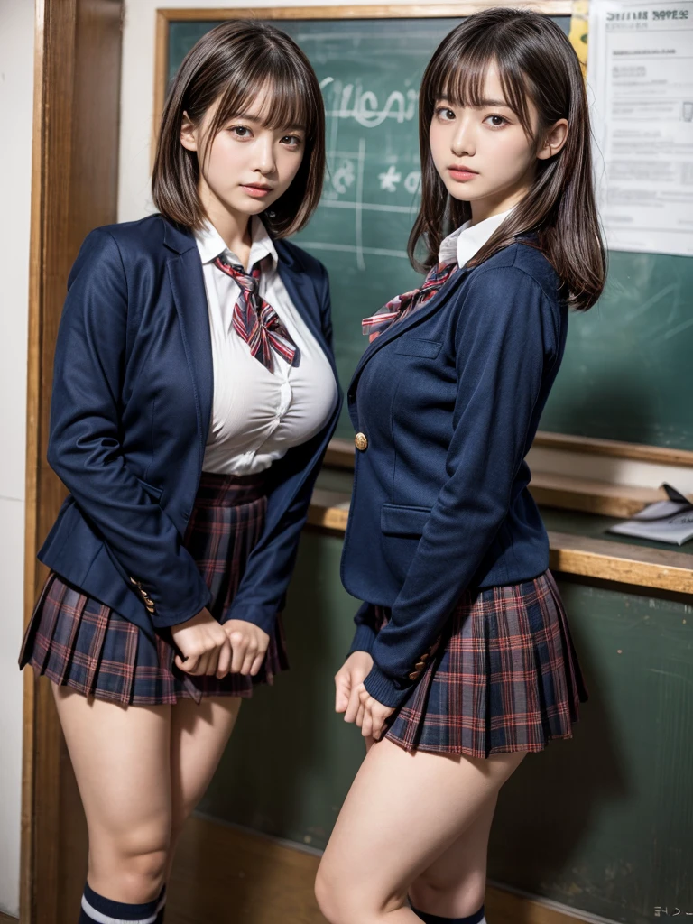 masterpiece, best quality, illustration, Super detailed, fine details, High resolution, 8K,wall paper, perfect dynamic composition,(Details High quality, realistic depiction of eyes:1.3), (2 girls, 2 schoolgirls:1.2), from side, High School Classroom、High school girl uniform、blazer 、Super Short Check Uniform Skirt、Navy blue high socks、garterbelts、Colossal tits、Disturbed uniform,  short bob hair, black hair color, huge breasts, Big Natural Color Lip, bold sexy pose, (perfect body shape), crying a little、 Harajuku style、20 year old girl、 beautiful legs, hposing Gravure Idol, Voluptuous thighs