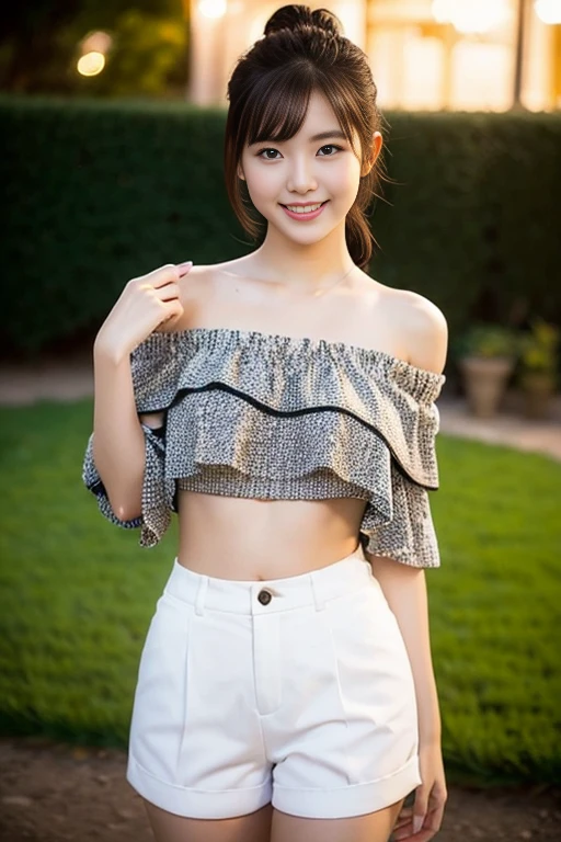 a gorgeous lady, age 22, black off-shoulder top, white high-waist shorts, standing under night sky, dimpled smile, short ponytail, in a natural pose, photorealistic, beautiful detailed eyes, ample round bosom, hyper-realism, high contrast, ultra HD, realistic skin textures, top image quality, top-quality, super high resolution, fine details, very meticulously, bokeh background