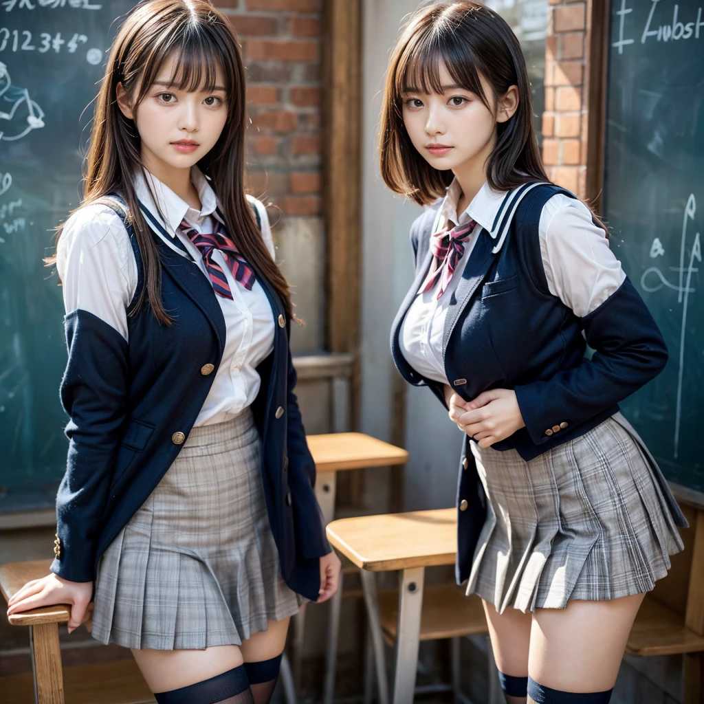 masterpiece, best quality, illustration, Super detailed, fine details, High resolution, 8K,wall paper, perfect dynamic composition,(Details High quality, realistic depiction of eyes:1.3), (2 girls, 2 schoolgirls:1.2), from side, High School Classroom、High school girl uniform、blazer 、Super Short Check Uniform Skirt、Navy blue high socks、garterbelts、Colossal tits、Disturbed uniform,  short bob hair, black hair color, huge breasts, Big Natural Color Lip, bold sexy pose, (perfect body shape), crying a little、 Harajuku style、20 year old girl、 beautiful legs, hposing Gravure Idol, Voluptuous thighs