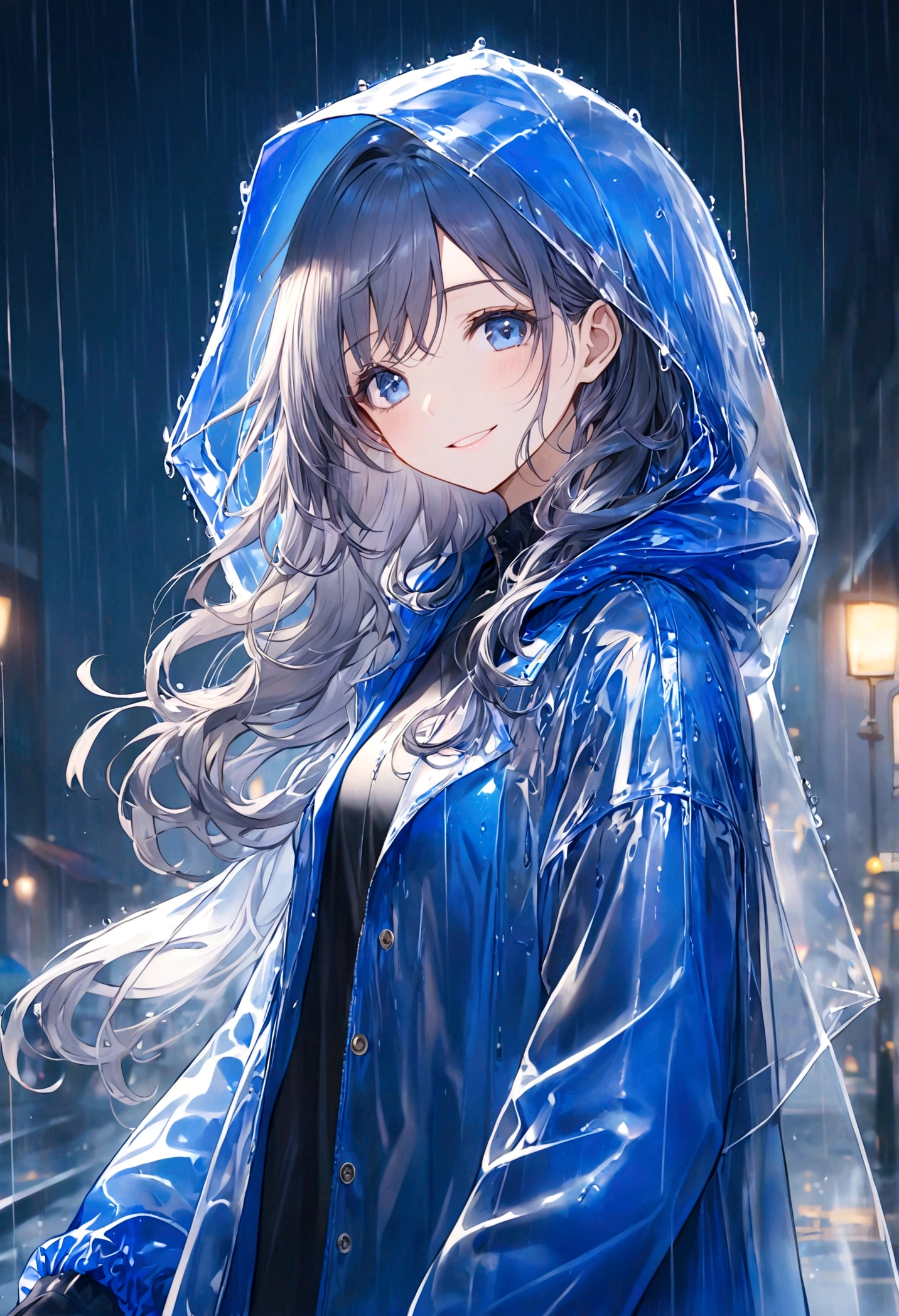 masterpiece,Ultra Detailed,Beautiful lady, hair,Long wavy hair, Sapphire blue eyes, Wear a transparent raincoat,Raincoat with hood，elegant smile, sweet smile, Relaxed expression, Fair skin, rain