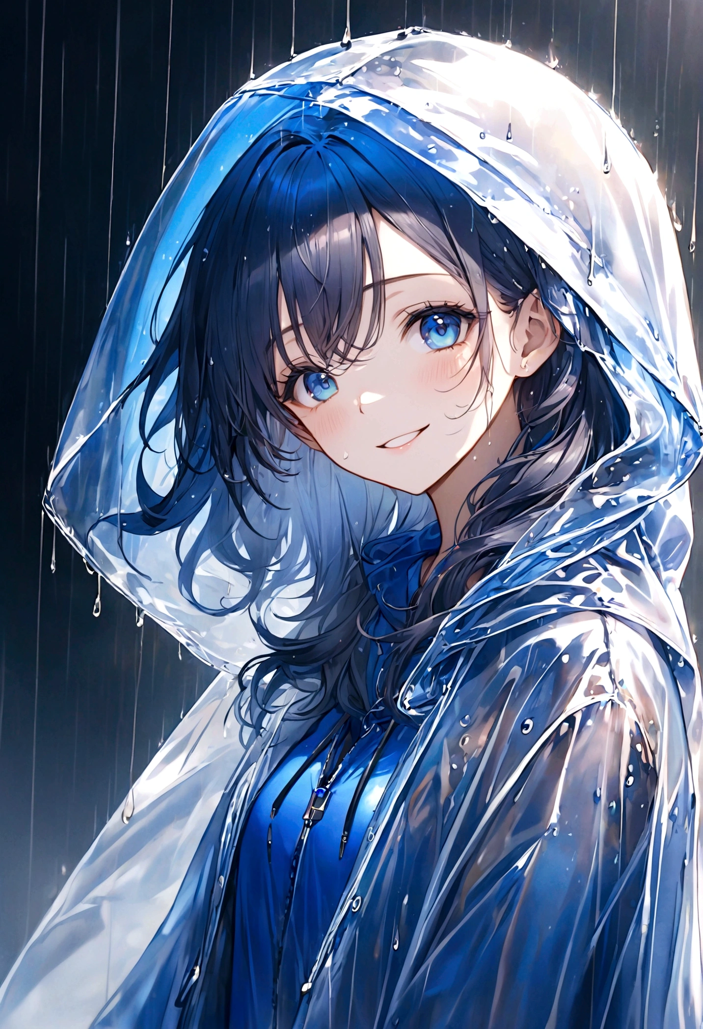 masterpiece,Ultra Detailed,Beautiful lady, hair,Long wavy hair, Sapphire blue eyes, Wear a transparent raincoat,Raincoat with hood，elegant smile, sweet smile, Relaxed expression, Fair skin, rain