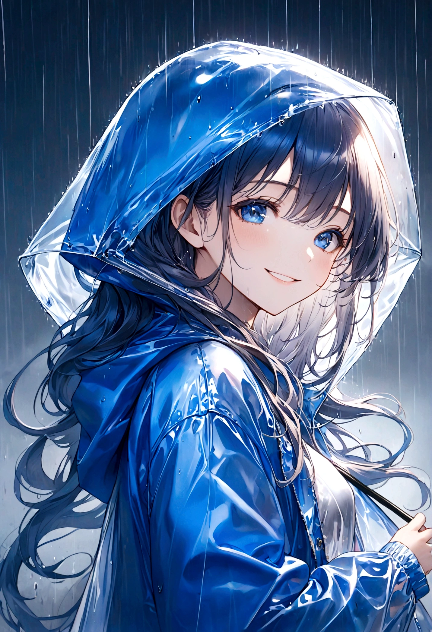 masterpiece,Ultra Detailed,Beautiful lady, hair,Long wavy hair, Sapphire blue eyes, Wear a transparent raincoat,Raincoat with hood，elegant smile, sweet smile, Relaxed expression, Fair skin, rain