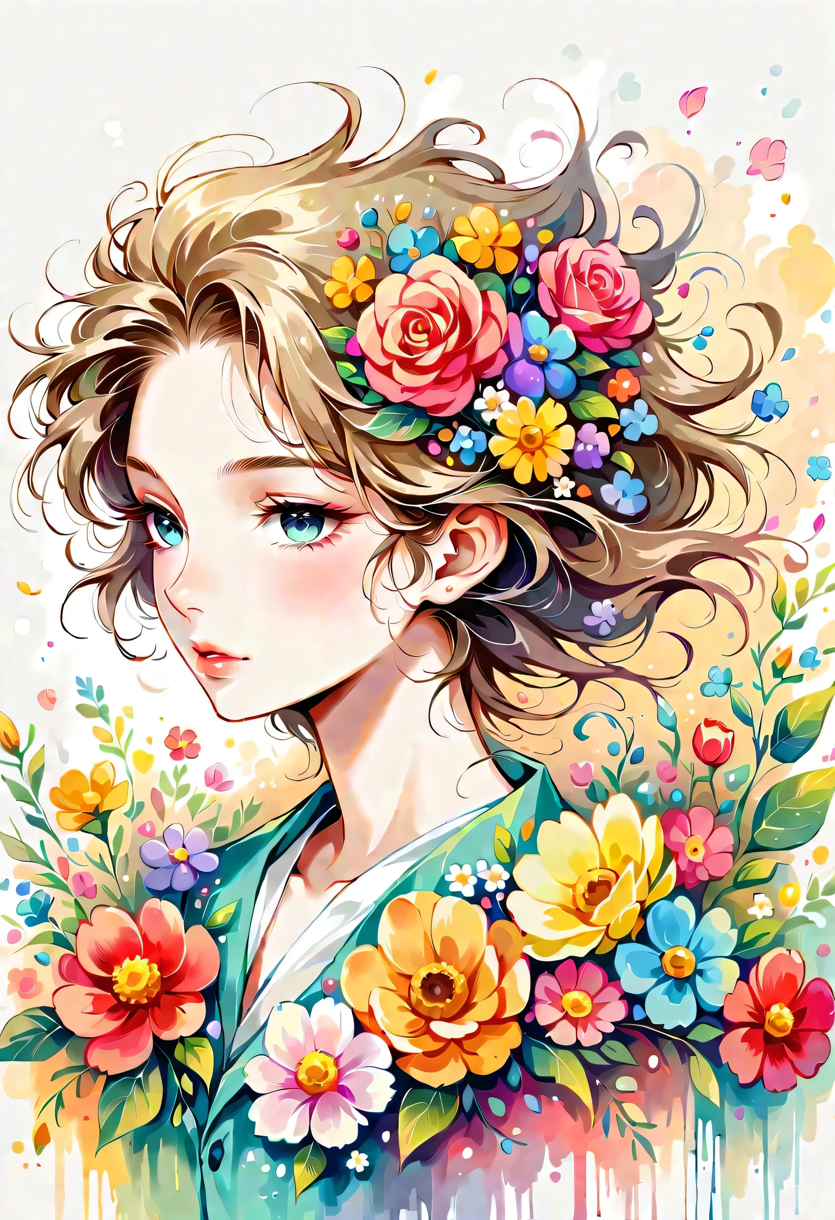 Eri Kamijo style, The most beautiful girl of all time，Lips in Love, colorful flowers, Simple Line Initialism，Abstract art，Urban Background