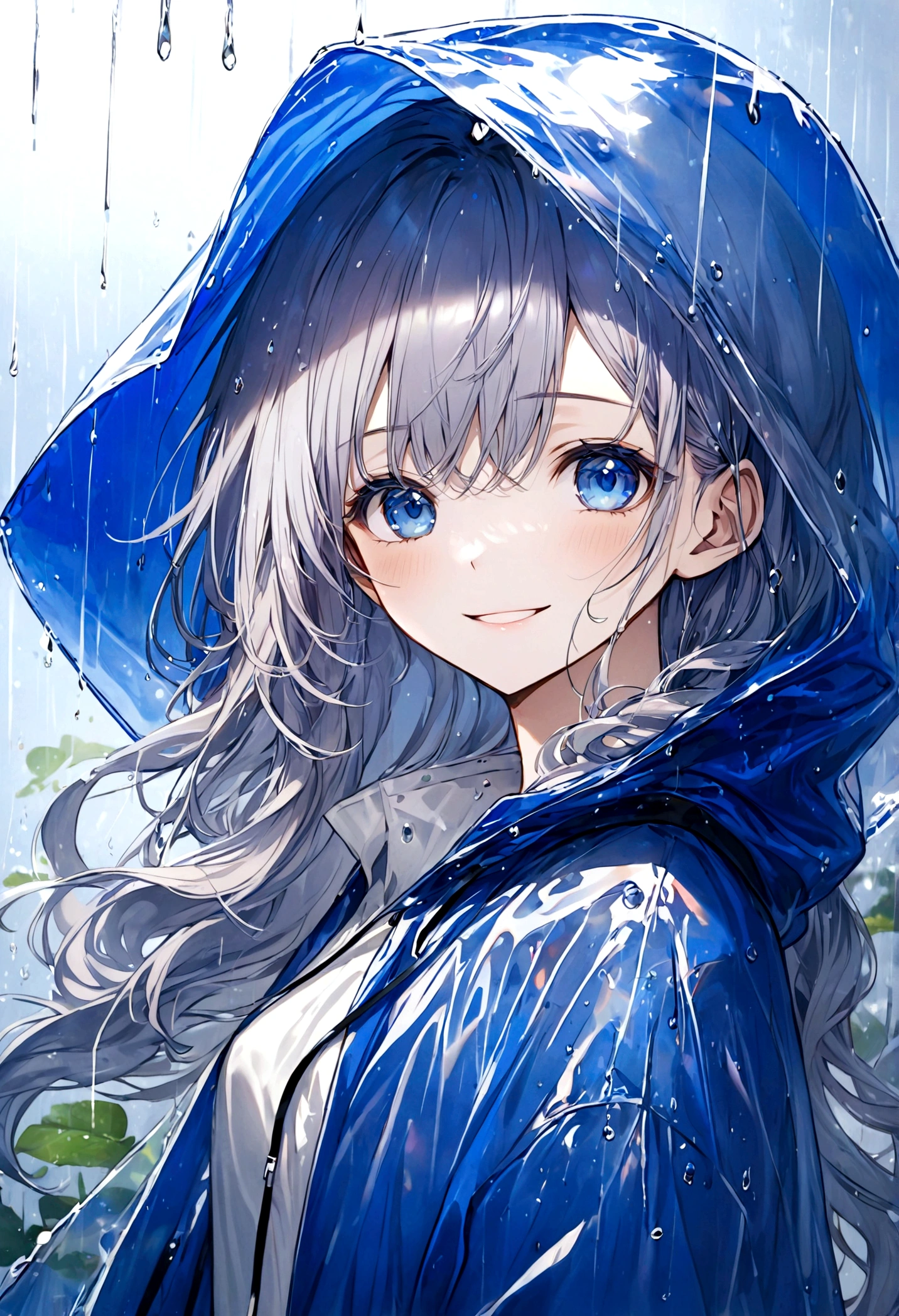 masterpiece,Ultra Detailed,Beautiful lady, hair,Long wavy hair, Sapphire blue eyes, Wear a transparent raincoat,Raincoat with hood,elegant smile, sweet smile, Relaxed expression, Fair skin, rain